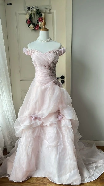 Rosa langes Meerjungfrauen-Abschlussballkleid schulterfrei mit Spitzenapplikationen formelles Partykleid für Damen RC0455