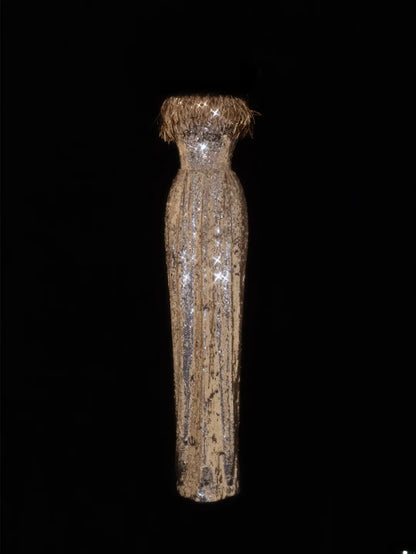 Elegantes, trägerloses Etuikleid im Stil der 1950er Jahre mit goldenen Pailletten – ein beeindruckendes langes Ballkleid oder Abendkleid SA087