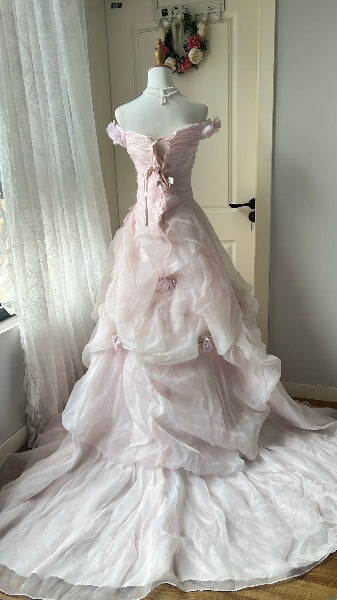 Rosa langes Meerjungfrauen-Abschlussballkleid schulterfrei mit Spitzenapplikationen formelles Partykleid für Damen RC0455