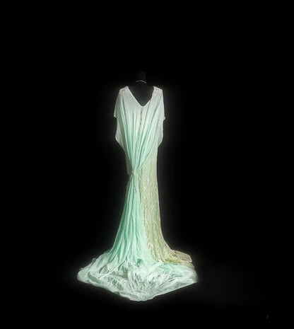 Vintage Mermaid Scoop Neck Mint Green Lace Long Prom Dress With Cape Formal Dress Party Dresses RB7077
