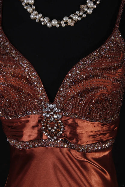 Vintage Meerjungfrauen-Partykleid aus orangefarbenem Satin mit Spaghettiträgern und Perlen im eleganten 50er-Jahre-Retro-Stil, ideal für Geburtstage, Dinner oder Abschlussball (AS088)