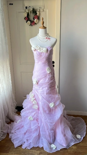 Langes Meerjungfrauen-Abendkleid mit Herzausschnitt und Blumen in Flieder für Damen, formelles Partykleid RC0456
