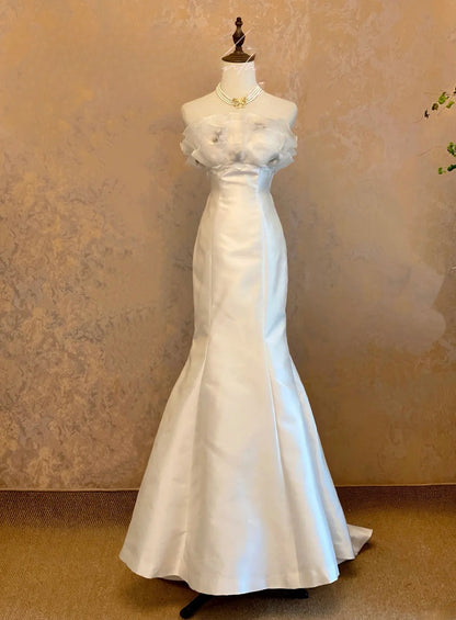 Princess Mermaid Wedding Dress Strapless Floor Length With Flowers Satin Long White Bridal Gown RB9064