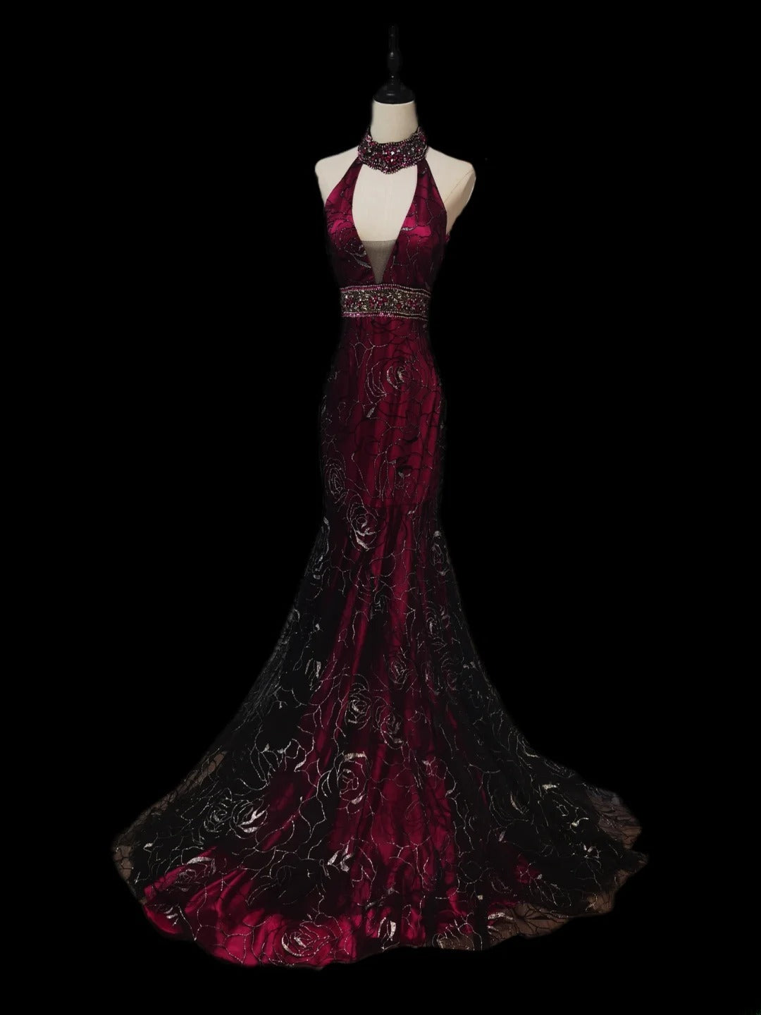 Robe de bal longue vintage sirène dos nu bordeaux et noir en dentelle ornée de perles, sans manches, pour les élèves de terminale ou les soirées de fin d'année scolaire AS088