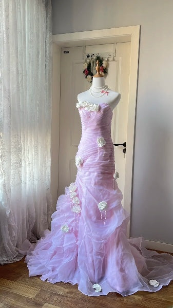 Langes Meerjungfrauen-Abendkleid mit Herzausschnitt und Blumen in Flieder für Damen, formelles Partykleid RC0456