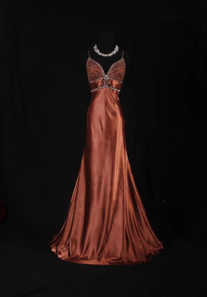 Vintage Meerjungfrauen-Partykleid aus orangefarbenem Satin mit Spaghettiträgern und Perlen im eleganten 50er-Jahre-Retro-Stil, ideal für Geburtstage, Dinner oder Abschlussball (AS088)