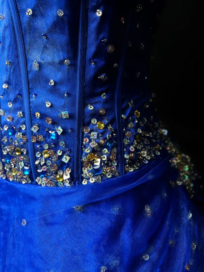 Vintage Prom Dresses Ball Gown Strapless Royal Blue With Beading Crystals Long Evening Dress Formal Outfits RB5895