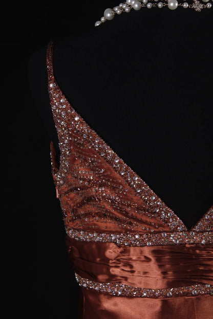 Vintage Meerjungfrauen-Partykleid aus orangefarbenem Satin mit Spaghettiträgern und Perlen im eleganten 50er-Jahre-Retro-Stil, ideal für Geburtstage, Dinner oder Abschlussball (AS088)