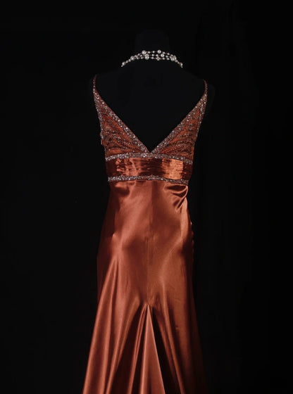 Vintage Meerjungfrauen-Partykleid aus orangefarbenem Satin mit Spaghettiträgern und Perlen im eleganten 50er-Jahre-Retro-Stil, ideal für Geburtstage, Dinner oder Abschlussball (AS088)