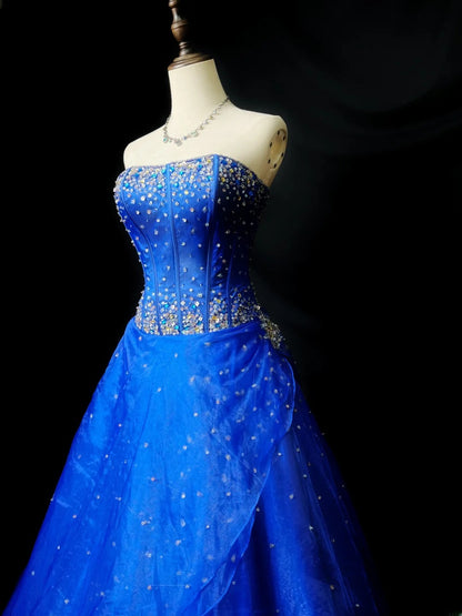 Vintage Prom Dresses Ball Gown Strapless Royal Blue With Beading Crystals Long Evening Dress Formal Outfits RB5895