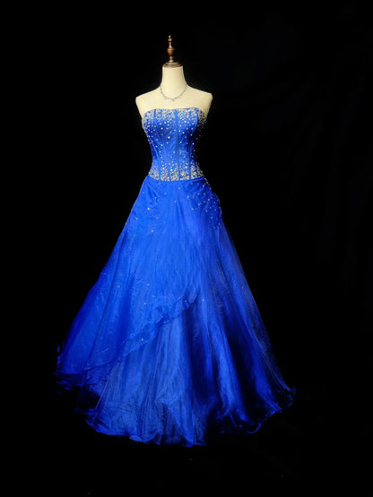 Vintage Prom Dresses Ball Gown Strapless Royal Blue With Beading Crystals Long Evening Dress Formal Outfits RB5895