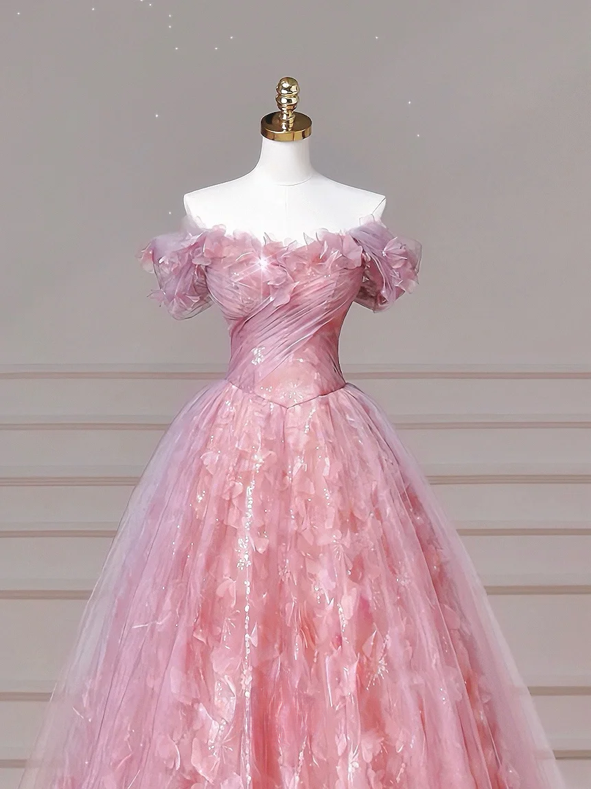 Elegantes Ballkleid, schulterfrei, rosa Tüll, lang, formell, festlich, für Abschlussball, Abendveranstaltung, Dinnerpartys, AQ089
