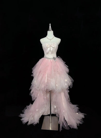 Vintage High Low Spaghetti Straps Pink Tulle With Silver Beading Prom Dress Formal Outfits Party Dresses RB7460