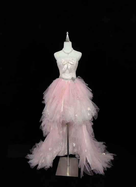 Vintage High Low Spaghetti Straps Pink Tulle With Silver Beading Prom Dress Formal Outfits Party Dresses RB7460