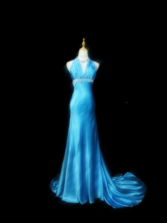 Vintage Meerjungfrau Ballkleider Neckholder Blau Ärmellos mit Perlenstickerei Lange Abendgarderobe RB3482
