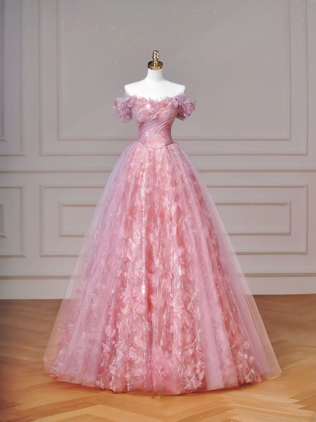 Elegantes Ballkleid, schulterfrei, rosa Tüll, lang, formell, festlich, für Abschlussball, Abendveranstaltung, Dinnerpartys, AQ089