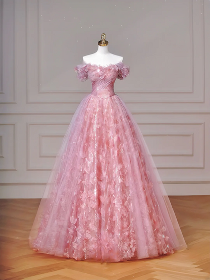Elegantes Ballkleid, schulterfrei, rosa Tüll, lang, formell, festlich, für Abschlussball, Abendveranstaltung, Dinnerpartys, AQ089