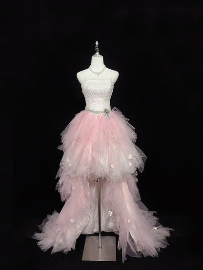Vintage High Low Spaghetti Straps Pink Tulle With Silver Beading Prom Dress Formal Outfits Party Dresses RB7460