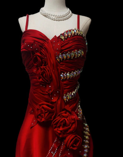 Classic Mermaid Spaghetti Strap Red Chiffon Sleeveless With Beads Long Prom Dresses High School Senior Graduation Dance Evening Outfits AS089