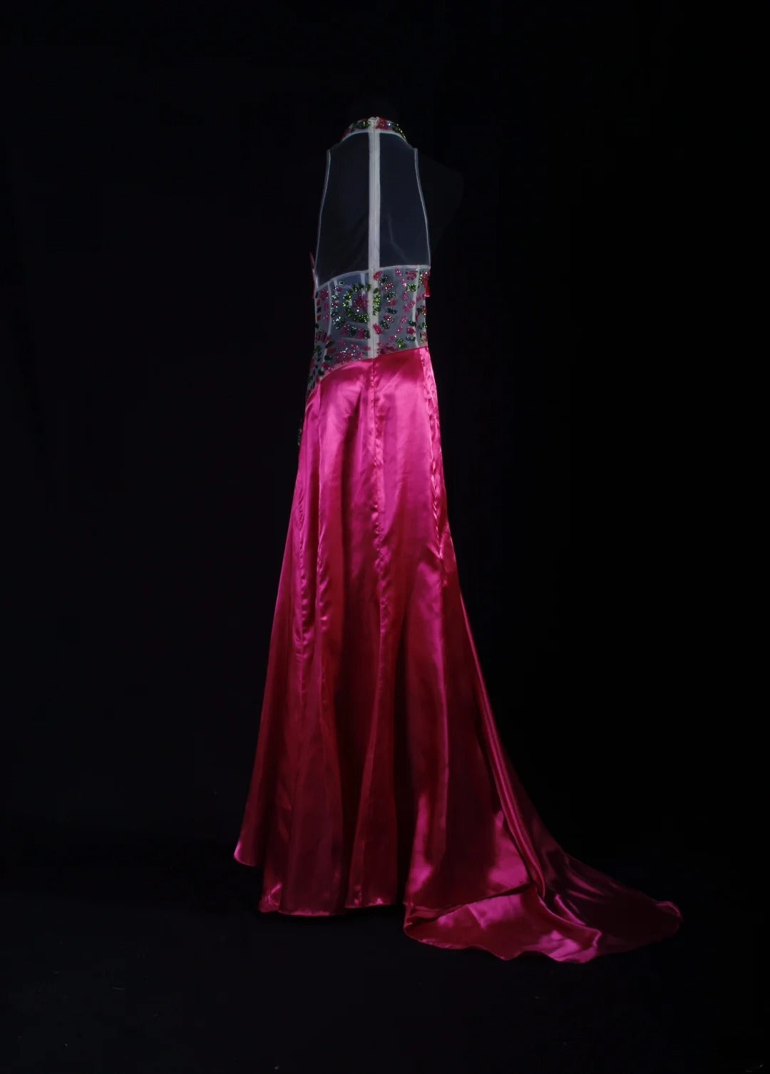 Vintage Meerjungfrauen-Partykleid aus pinkfarbenem Satin mit hohem Kragen und Perlen im eleganten 50er-Jahre-Retro-Stil – perfekt für Geburtstage, Dinner oder Abschlussball (AS089)