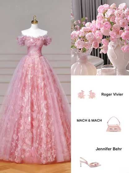 Elegantes Ballkleid, schulterfrei, rosa Tüll, lang, formell, festlich, für Abschlussball, Abendveranstaltung, Dinnerpartys, AQ089