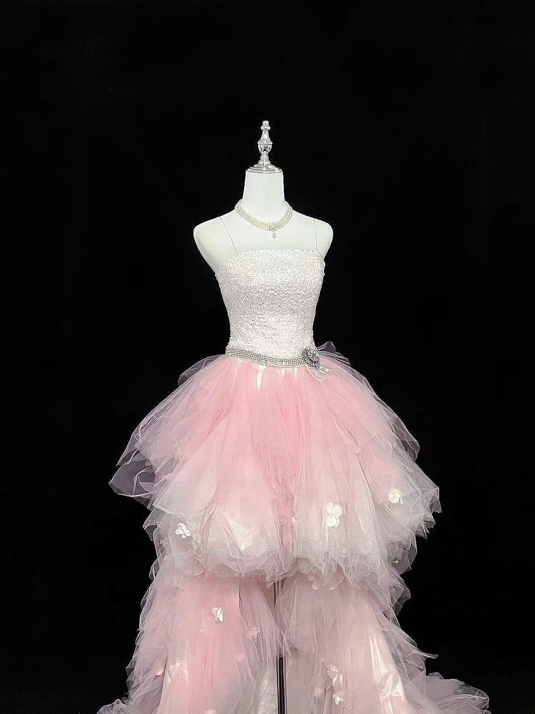 Vintage High Low Spaghetti Straps Pink Tulle With Silver Beading Prom Dress Formal Outfits Party Dresses RB7460