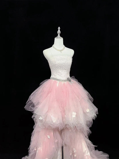 Vintage High Low Spaghetti Straps Pink Tulle With Silver Beading Prom Dress Formal Outfits Party Dresses RB7460