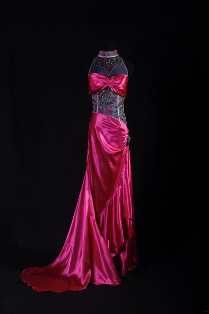Vintage Meerjungfrauen-Partykleid aus pinkfarbenem Satin mit hohem Kragen und Perlen im eleganten 50er-Jahre-Retro-Stil – perfekt für Geburtstage, Dinner oder Abschlussball (AS089)