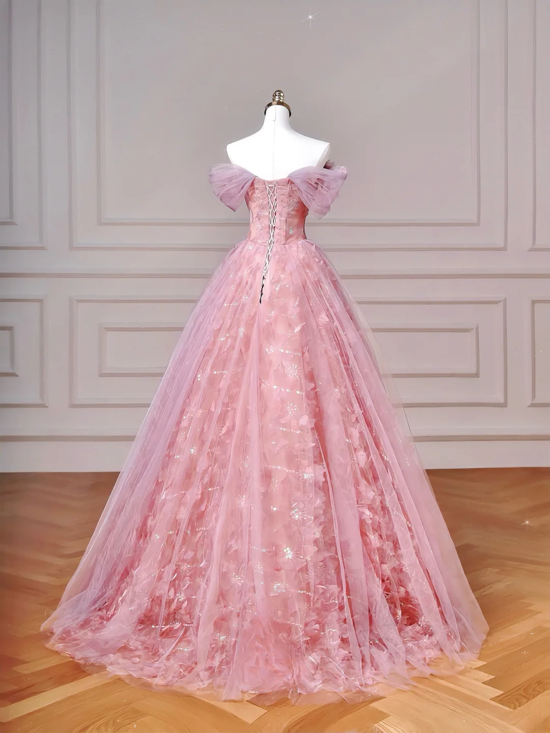 Elegantes Ballkleid, schulterfrei, rosa Tüll, lang, formell, festlich, für Abschlussball, Abendveranstaltung, Dinnerpartys, AQ089