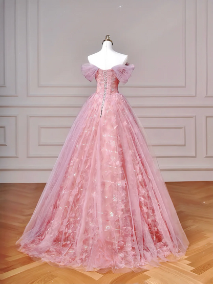 Elegantes Ballkleid, schulterfrei, rosa Tüll, lang, formell, festlich, für Abschlussball, Abendveranstaltung, Dinnerpartys, AQ089