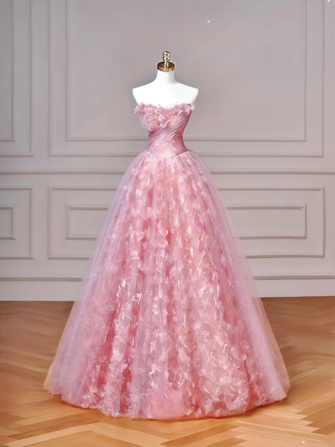 Elegantes Ballkleid, schulterfrei, rosa Tüll, lang, formell, festlich, für Abschlussball, Abendveranstaltung, Dinnerpartys, AQ089