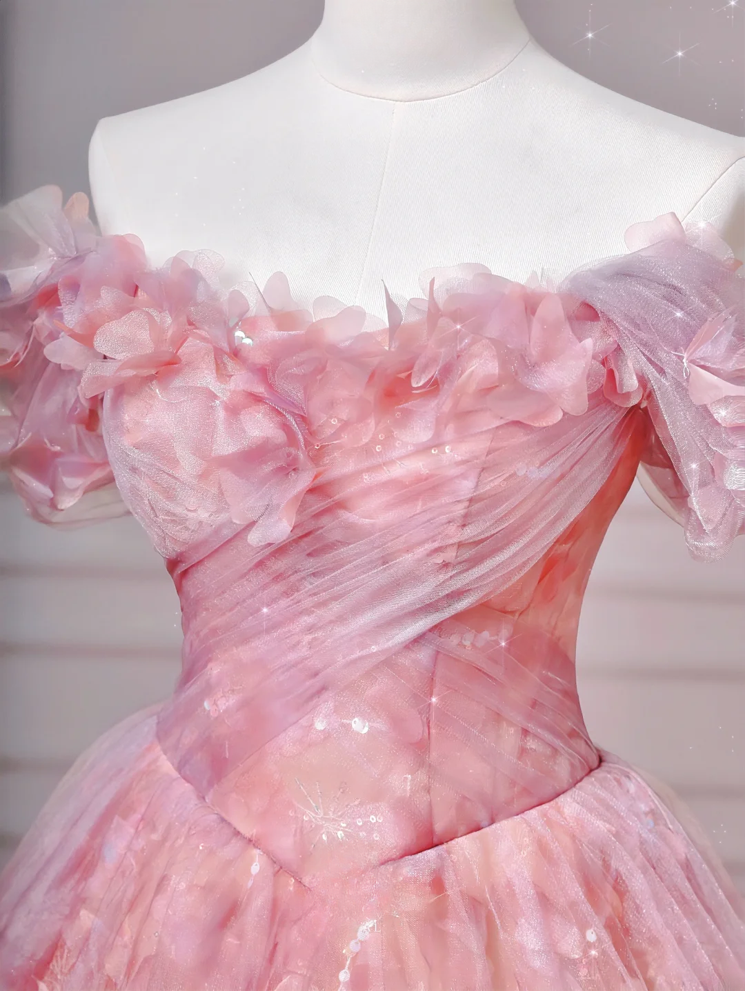 Elegantes Ballkleid, schulterfrei, rosa Tüll, lang, formell, festlich, für Abschlussball, Abendveranstaltung, Dinnerpartys, AQ089