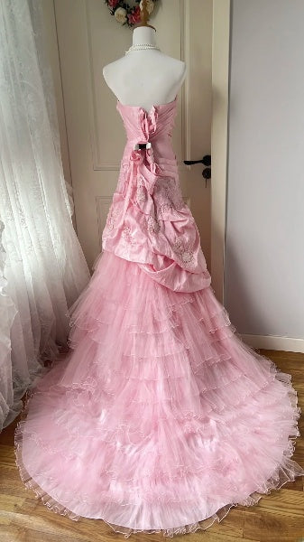Prom Dress Long Mermaid Strapless Pink With Lace Tiered Layers Formal Party Gown For Women RC0458
