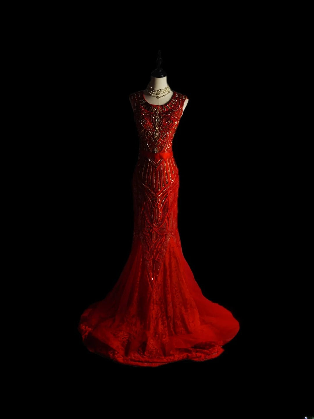 Vintage Meerjungfrauen-Abendkleid aus Tüll mit Rundhalsausschnitt und Perlenstickerei, ärmellos, für Abschlussball oder Schulabschlussfeier AS090