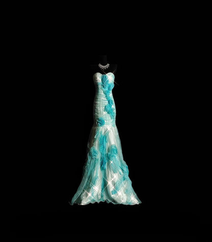 Vintage Mermaid Sweetheart Blue With 3D Flowers Long Prom Dress Formal Dress Party Dresses RB7079