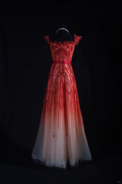 Vintage A-Linien-Partykleid aus rotem Tüll mit eckigem Ausschnitt und Perlen im eleganten Retro-Stil der 1950er Jahre – perfekt für Geburtstage, Dinner oder Abschlussball (AS090)