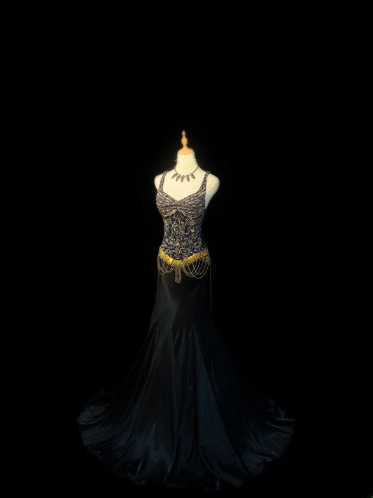 Vintage Abschlussballkleider Meerjungfrau Spaghettiträger Black Tie Kleid Ärmellos mit Perlen Lang Abend Festliche Outfits RB3483