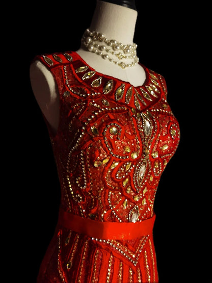Vintage Meerjungfrauen-Abendkleid aus Tüll mit Rundhalsausschnitt und Perlenstickerei, ärmellos, für Abschlussball oder Schulabschlussfeier AS090