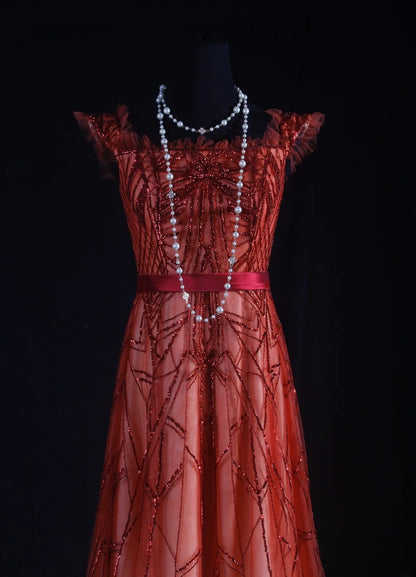 Vintage A-Linien-Partykleid aus rotem Tüll mit eckigem Ausschnitt und Perlen im eleganten Retro-Stil der 1950er Jahre – perfekt für Geburtstage, Dinner oder Abschlussball (AS090)