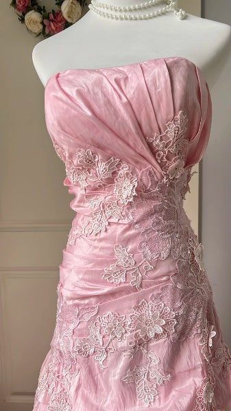 Prom Dress Long Mermaid Strapless Pink With Lace Tiered Layers Formal Party Gown For Women RC0458