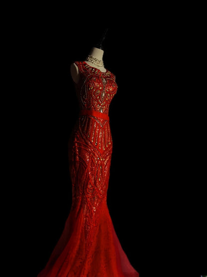 Vintage Meerjungfrauen-Abendkleid aus Tüll mit Rundhalsausschnitt und Perlenstickerei, ärmellos, für Abschlussball oder Schulabschlussfeier AS090