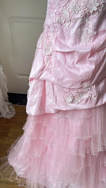 Prom Dress Long Mermaid Strapless Pink With Lace Tiered Layers Formal Party Gown For Women RC0458