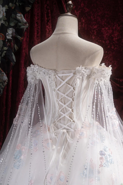Pretty Ball Gown Off The Shoulder White Tulle With Cape Appliqued Long Quince Dress Quinceanera Dresses Formal Birthday Outfits RB8107