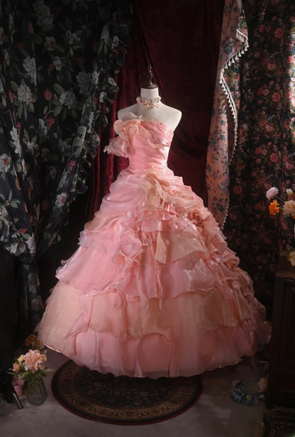 Pretty Ball Gown Strapless Pink Organza With Tiered Layers Long Quince Dress Quinceanera Dresses Formal Birthday Outfits RB8108