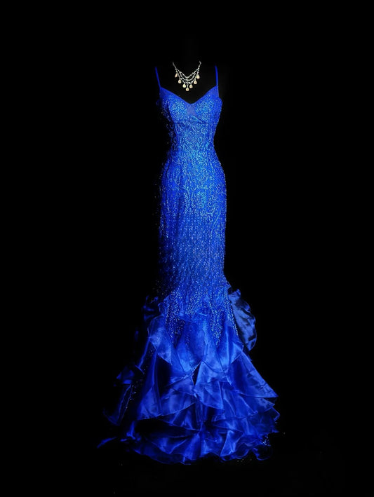 Vintage 70s Prom Dresses Mermaid Spaghetti Strap Royal Blue With Corset Fitted Long Evening Dress Formal Outfits RB5898