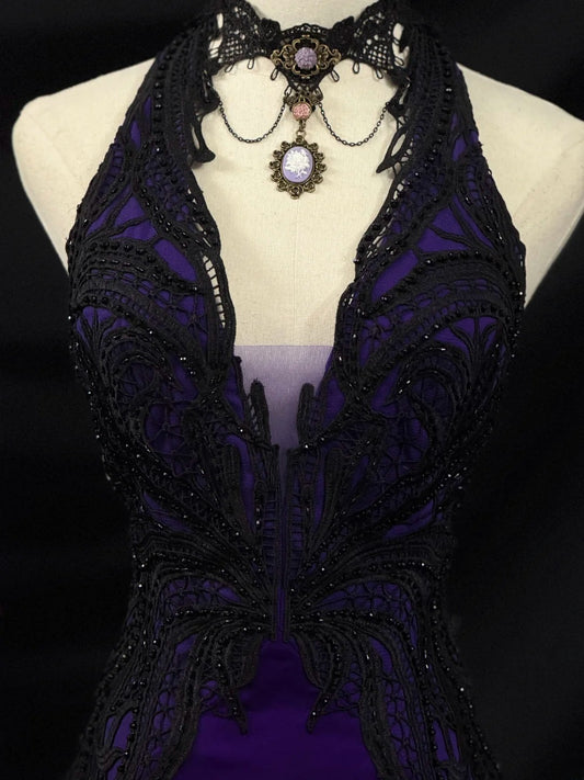 Vintage Meerjungfrauen-Abschlussballkleider Neckholder Traube Schwarz Spitze Ärmellos Mit Perlen Lange Abendgarderobe Formelle Outfits RB3484