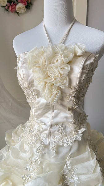 Dream Sweet 16 Dresses Long Halter Light Yellow With Lace Appliques Ball Gown Sweet Sixteen Party Birthday Outfit RC0459