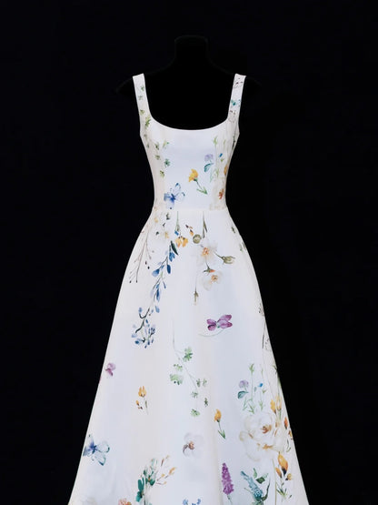 Robe de bal longue élégante en satin blanc à imprimé floral, col carré asymétrique, style formel SA091