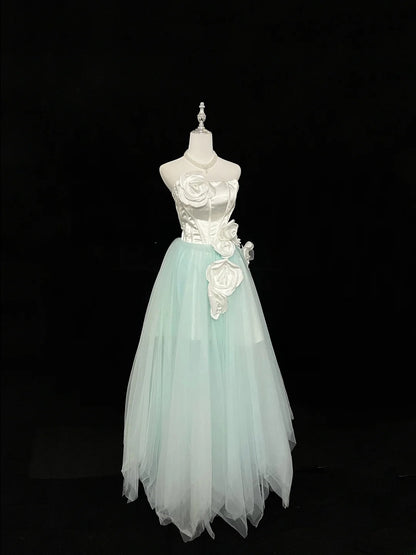 Vintage A Line Strapless Mint Green Tulle With White Flowers Prom Dress Formal Outfits Party Dresses RB7462