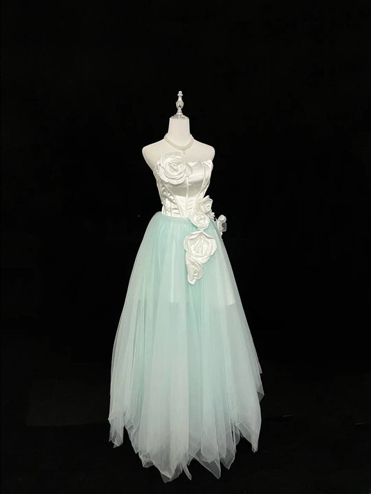 Vintage A Line Strapless Mint Green Tulle With White Flowers Prom Dress Formal Outfits Party Dresses RB7462